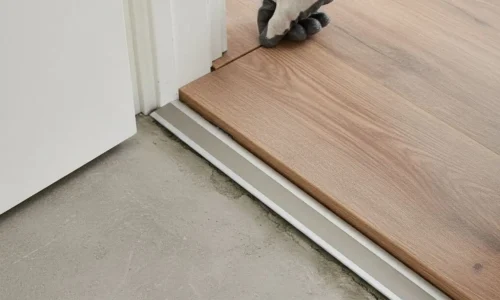 Une main gantée ajuste une lame de parquet contre une barre de seuil rattrapage de niveau