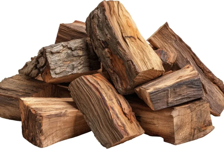 Tas de bûches fendues empilées avec écorce visible, incarnant le bois de chauffage prêt à brûler pour chaleur et confort hivernal