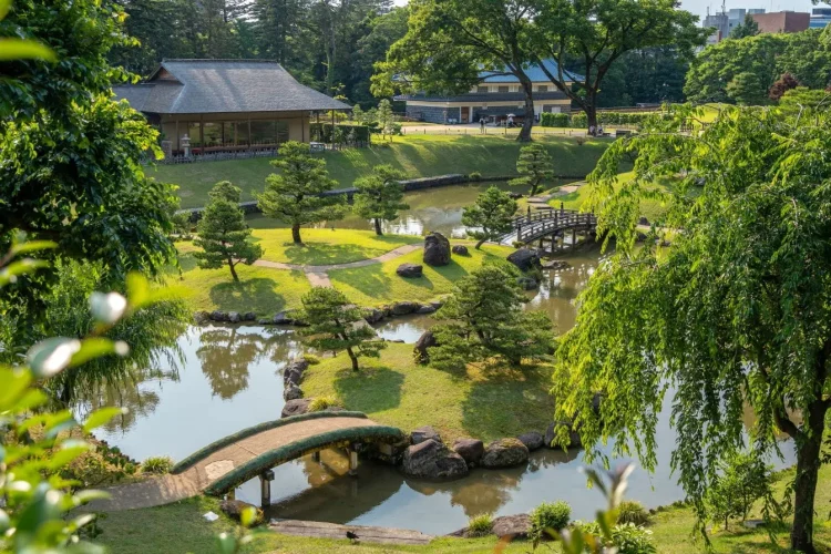 Jardin japonais avec ponts de pierre et étang, image illustrant l’art d’aménager un espace zen harmonieux inspiré des traditions nippones