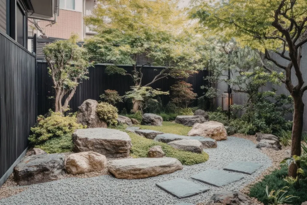 Jardin japonais avec pierres, mousse et sentiers de gravier, image illustrant l’art d’aménager un espace zen équilibré et apaisant en milieu urbain
