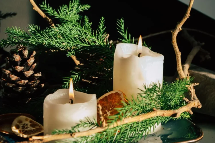 Deux bougies blanches allumées entourées de branches de sapin et pommes de pin, image illustrant l’ambiance chaleureuse des bougies naturelles.