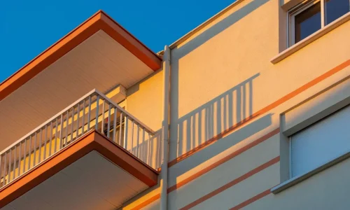 Façade moderne beige avec bandes orange et balcon blanc, reflet d’une peinture de façade extérieure soignée et esthétique.