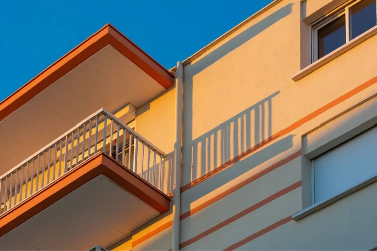 Façade moderne beige avec bandes orange et balcon blanc, reflet d’une peinture de façade extérieure soignée et esthétique.