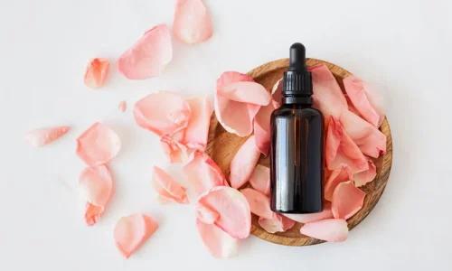 Flacon ambré posé sur coupelle bois entourée de pétales roses, image qui illustre l’art de distiller des plantes pour créer ses huiles essentielles maison.