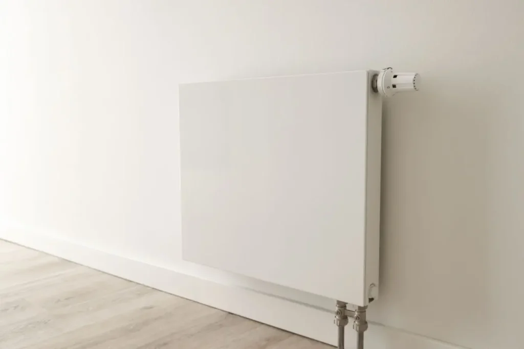 Radiateur mural blanc moderne avec vanne thermostatique, reflet des gestes nécessaires pour purger un radiateur de chauffage.