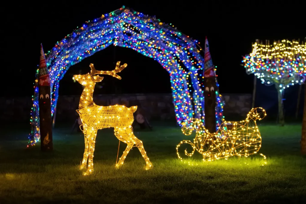 Renne lumineux doré tirant un traîneau scintillant, image qui illustre les décorations de Noël pour l’extérieur.