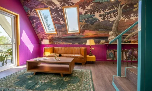 Salon coloré avec murs magenta et grandes fenêtres de toit laissant entrer la lumière, reflet d’un puits de lumière naturel.