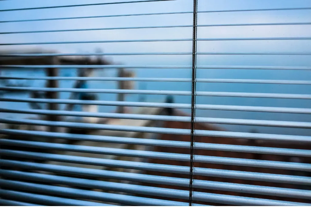 Gros plan sur une protection solaire installée devant une fenêtre, illustrant la capacité des stores plissés à filtrer la lumière tout en préservant l’intimité