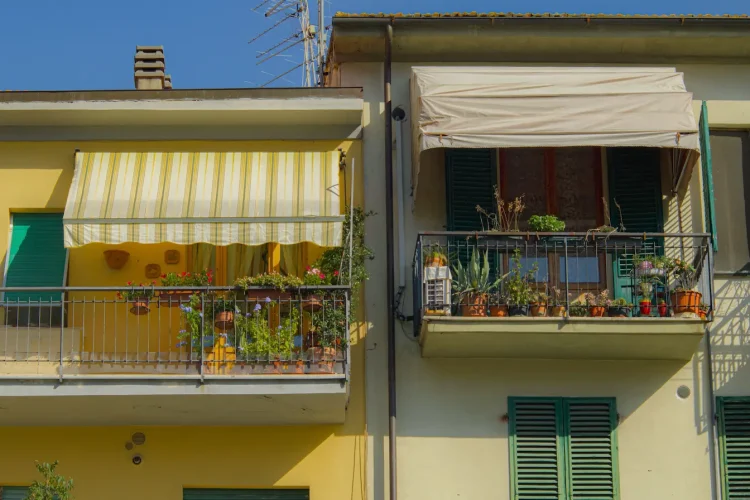 Deux balcons voisins ornés de plantes, l’un avec auvent rayé jaune et blanc, symbole de l’installation d’un auvent au-dessus d’une terrasse.