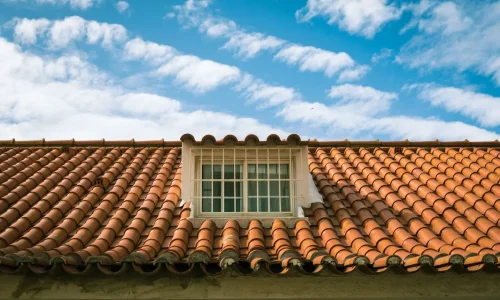 Fenêtre intégrée dans une toiture en tuiles sous un ciel dégagé, une image idéale pour illustrer la différence entre Velux et fenêtre de toit