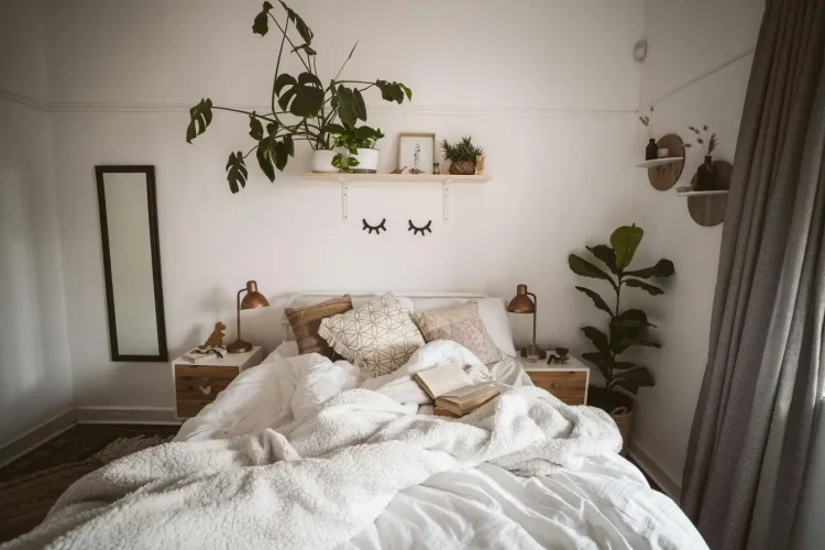 Une chambre cosy avec un lit défait et des plantes vertes, illustrant le manque de confort causé par un symptôme d'une literie trop vieille.