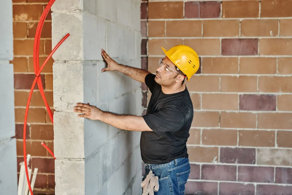 Ouvrier en casque jaune inspectant mur en parpaings, symbole des étapes de construction et de contrôle de stabilité.