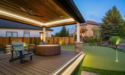Terrasse élégante avec plafond bois et éclairage intégré, symbole du confort offert par une pergola bioclimatique.